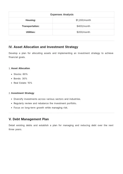 Free 3 Year Personal Financial Plan Template to Edit Online