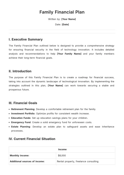 Free Family Financial Plan Template to Edit Online