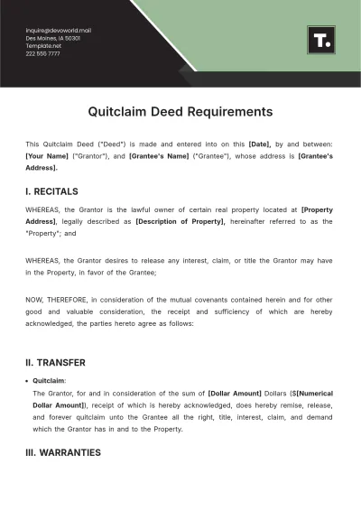 Free Quitclaim Deed Requirements Template to Edit Online