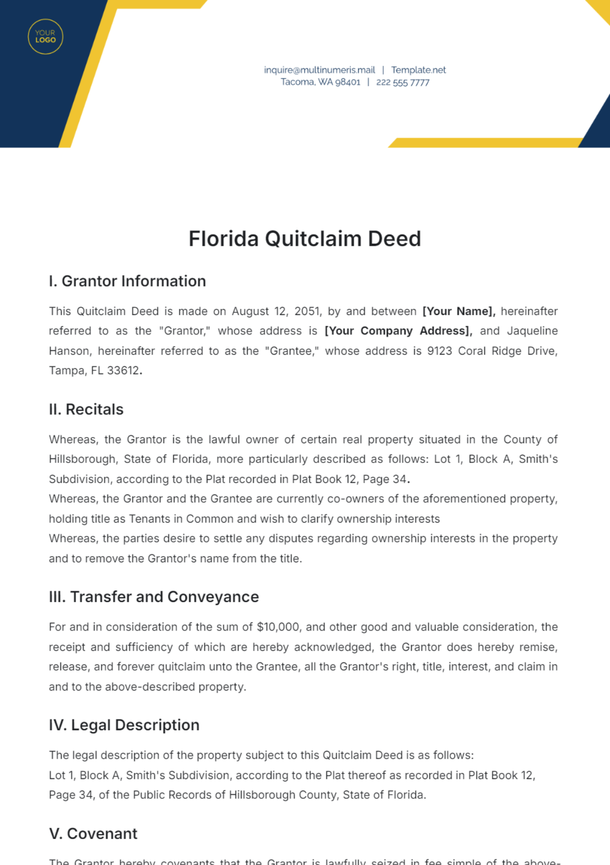 Sample Florida Quitclaim Deed Template - Edit Online & Download