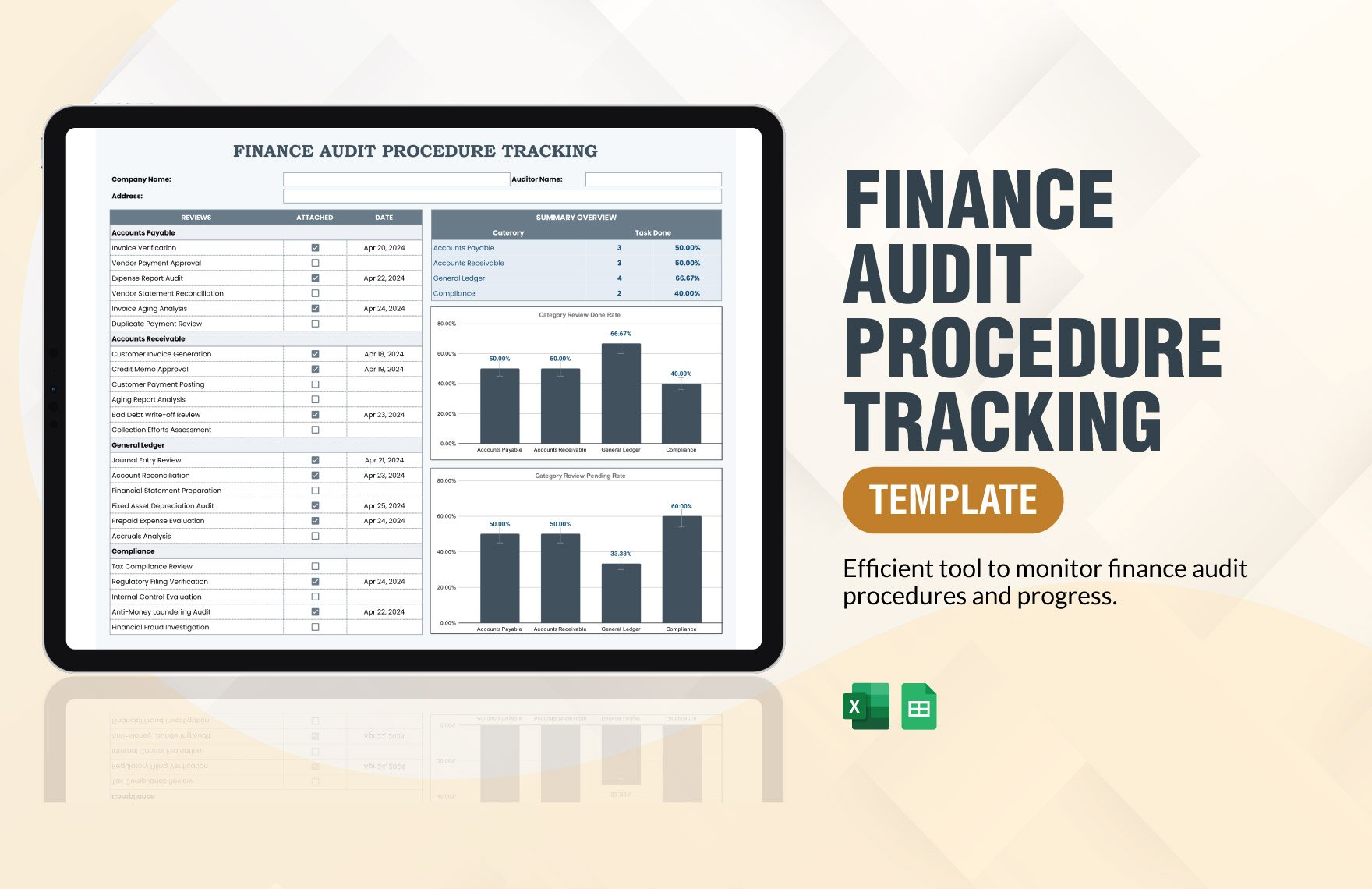 Finance Audit Procedure Tracking Template in Excel, Google Sheets