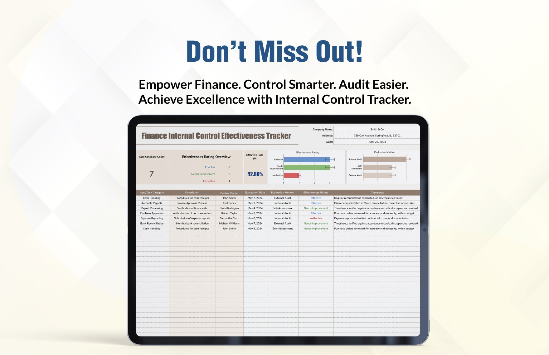 Finance Internal Control Effectiveness Tracker Template