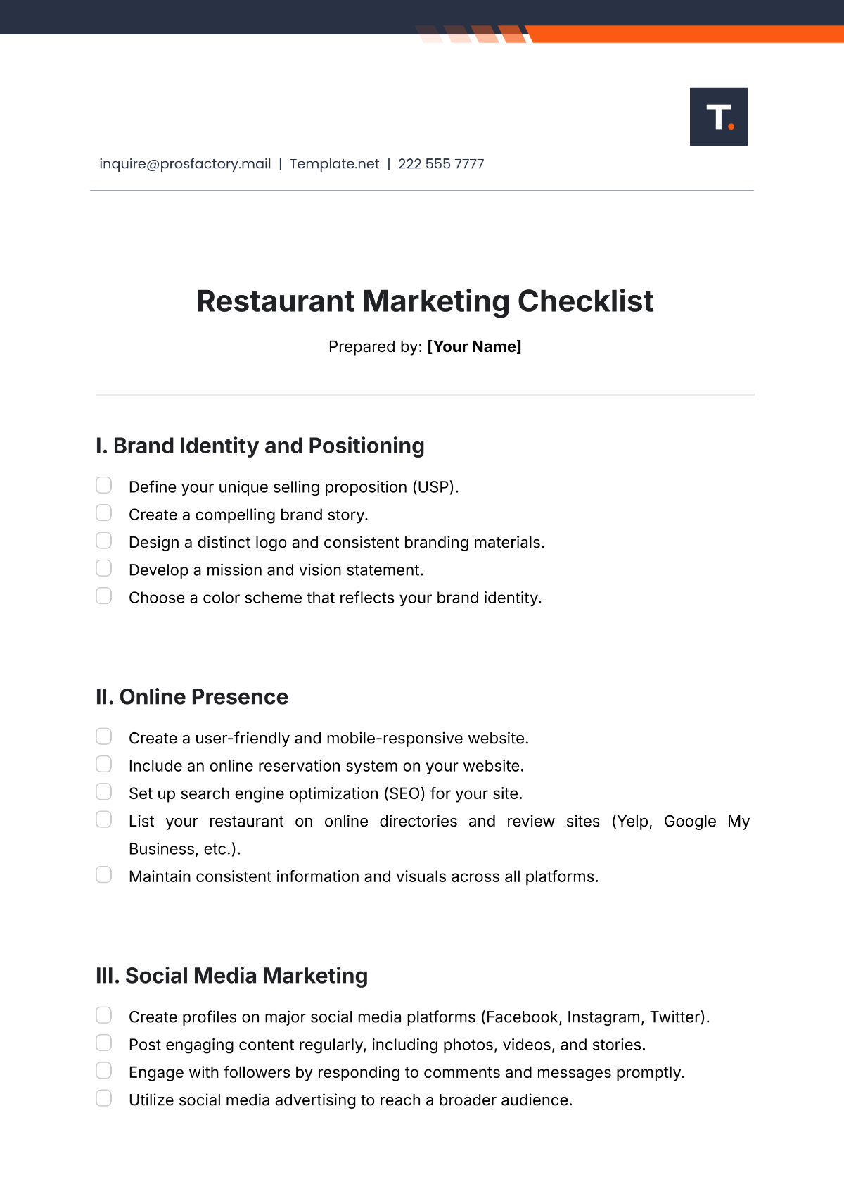 Restaurant Marketing Checklist Template - Edit Online & Download