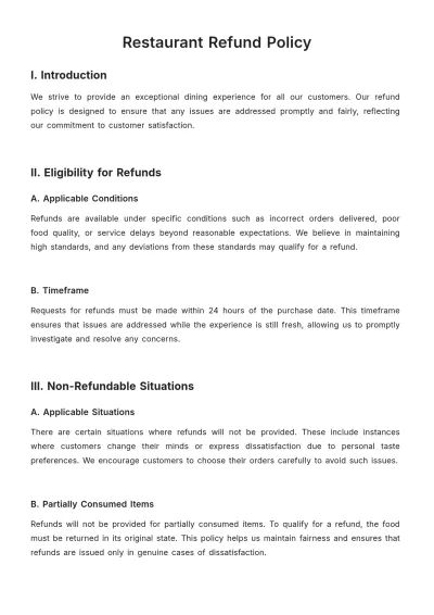 Free Restaurant Refund Policy Template to Edit Online
