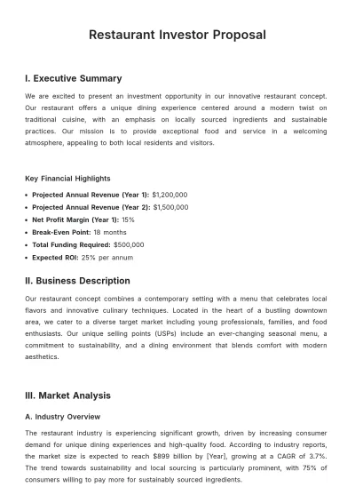 Free Restaurant Investor Proposal Template to Edit Online