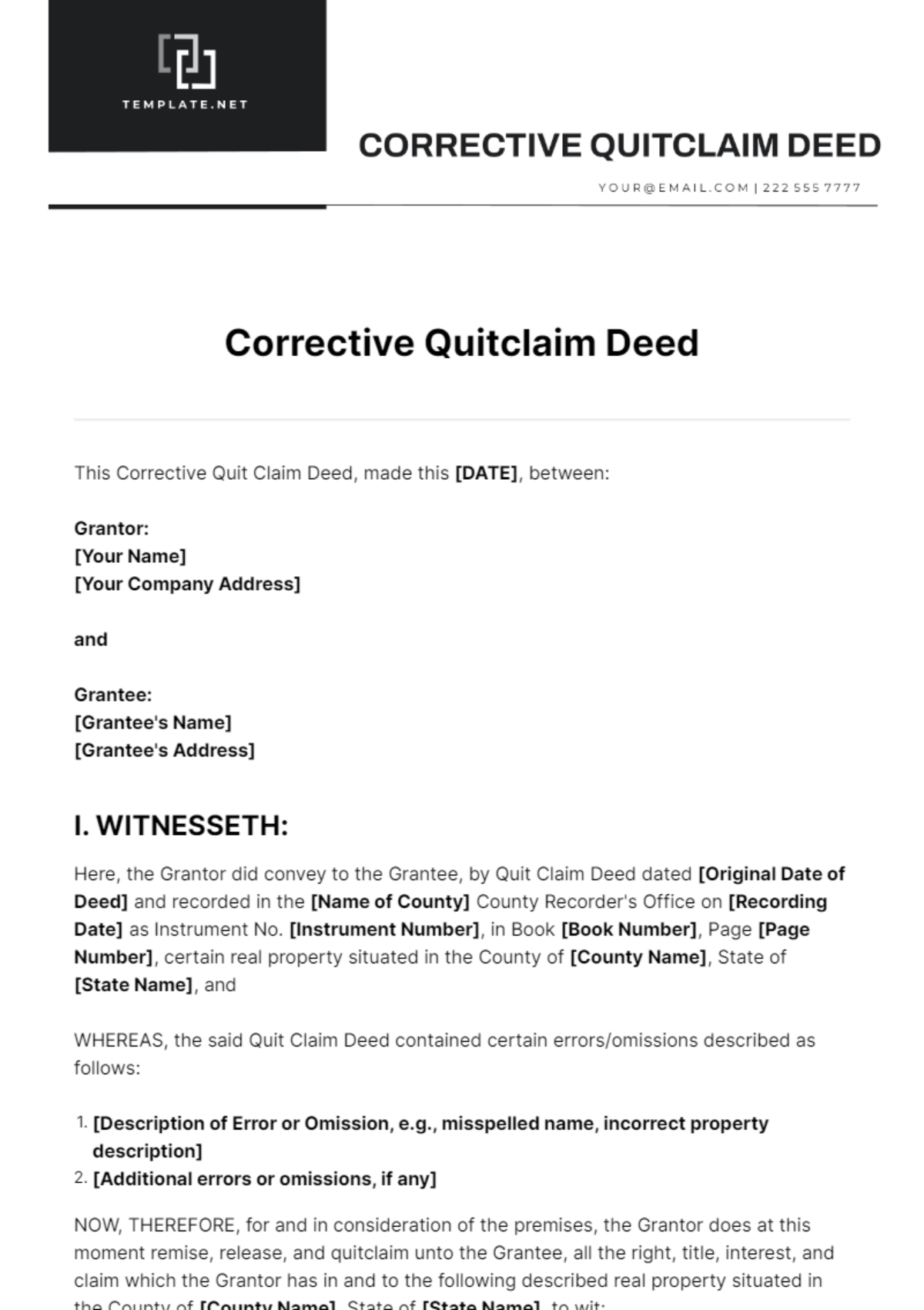 Corrective Quit Claim Deed Template - Edit Online & Download