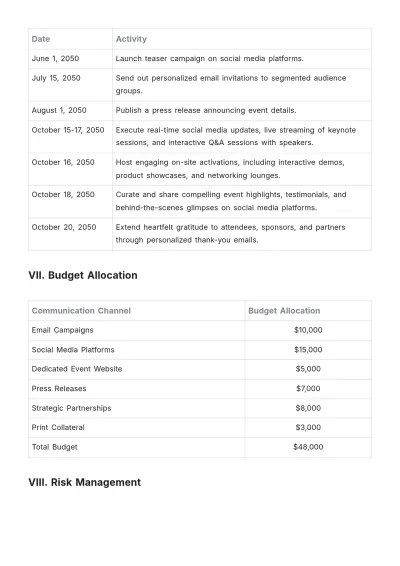 Free Event Communication Plan Template to Edit Online