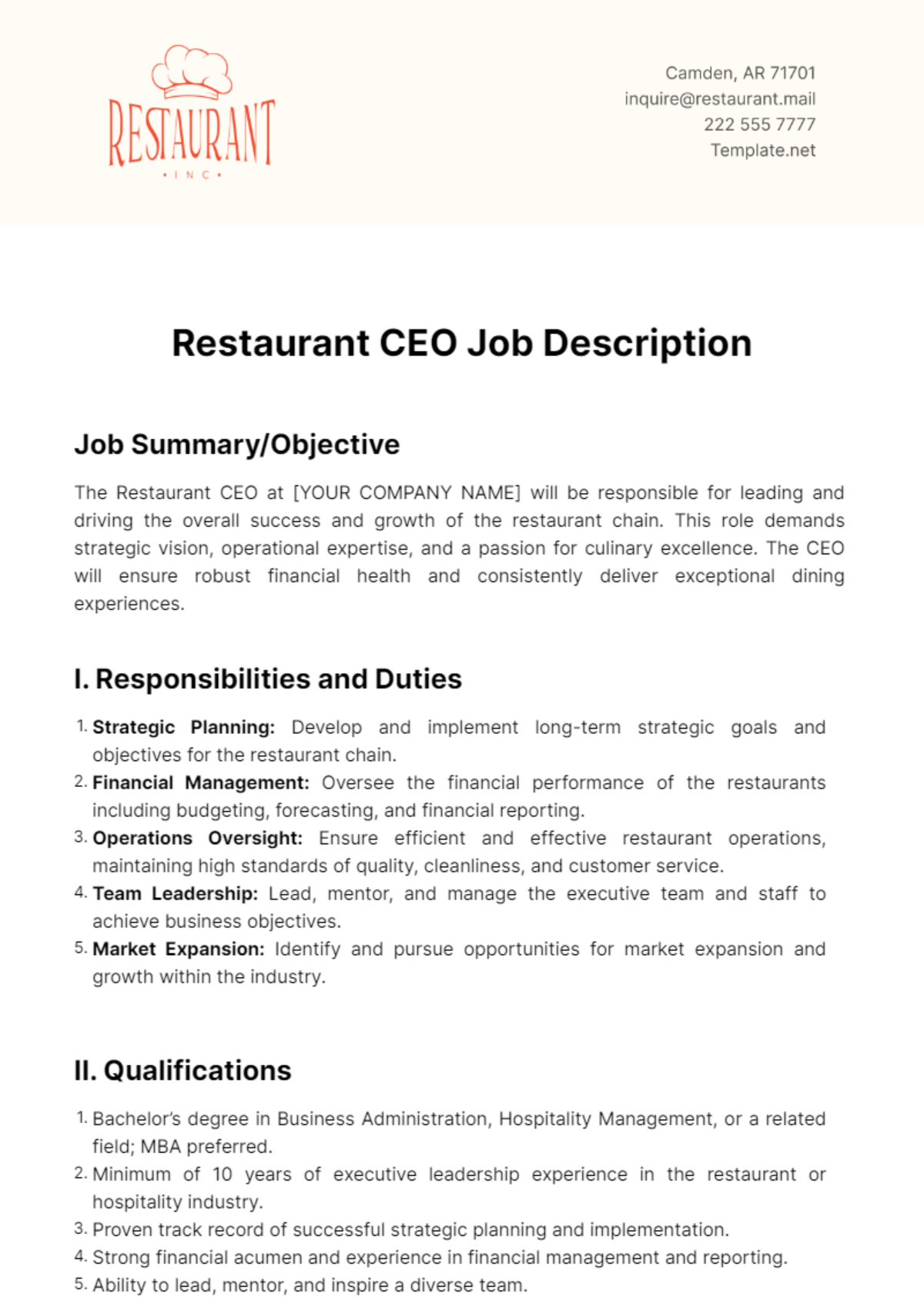 Restaurant CEO Job Description Template - Edit Online & Download