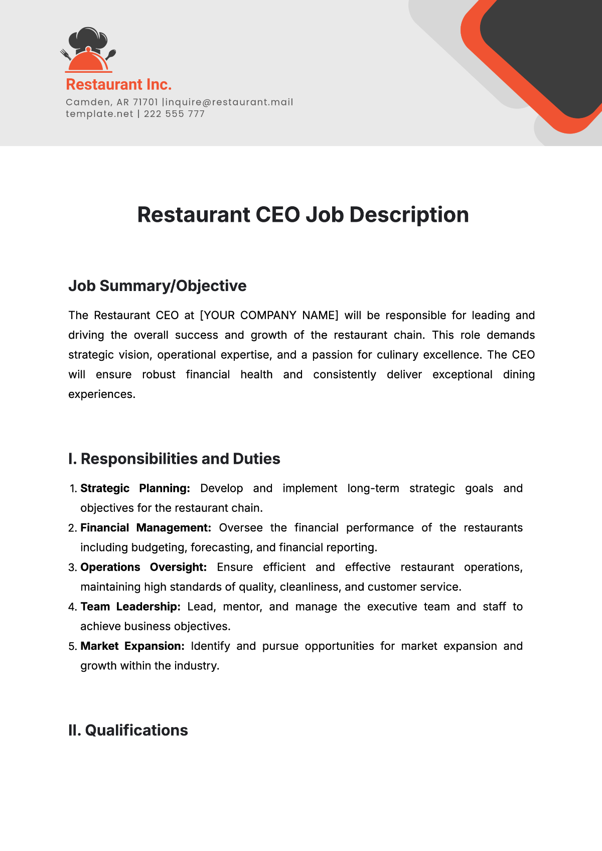 Free Restaurant CEO Job Description Template