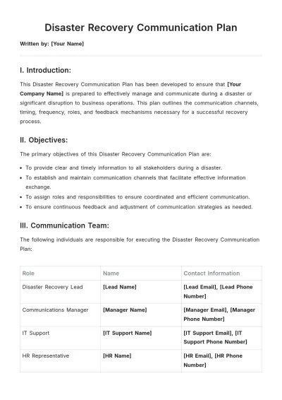 Free Disaster Recovery Communication Plan Template to Edit Online