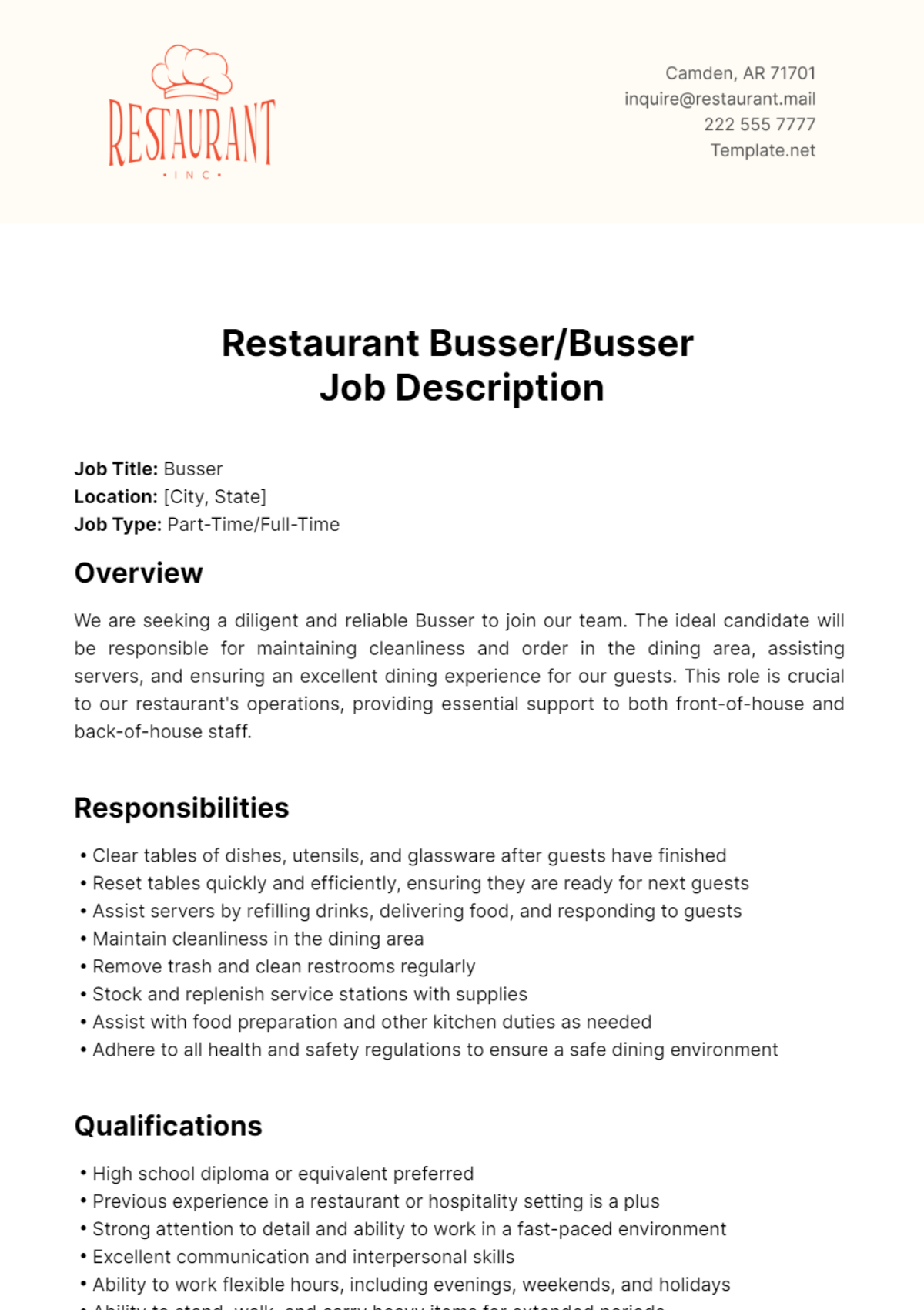 Restaurant Busser/Busser Job Description Template - Edit Online & Download