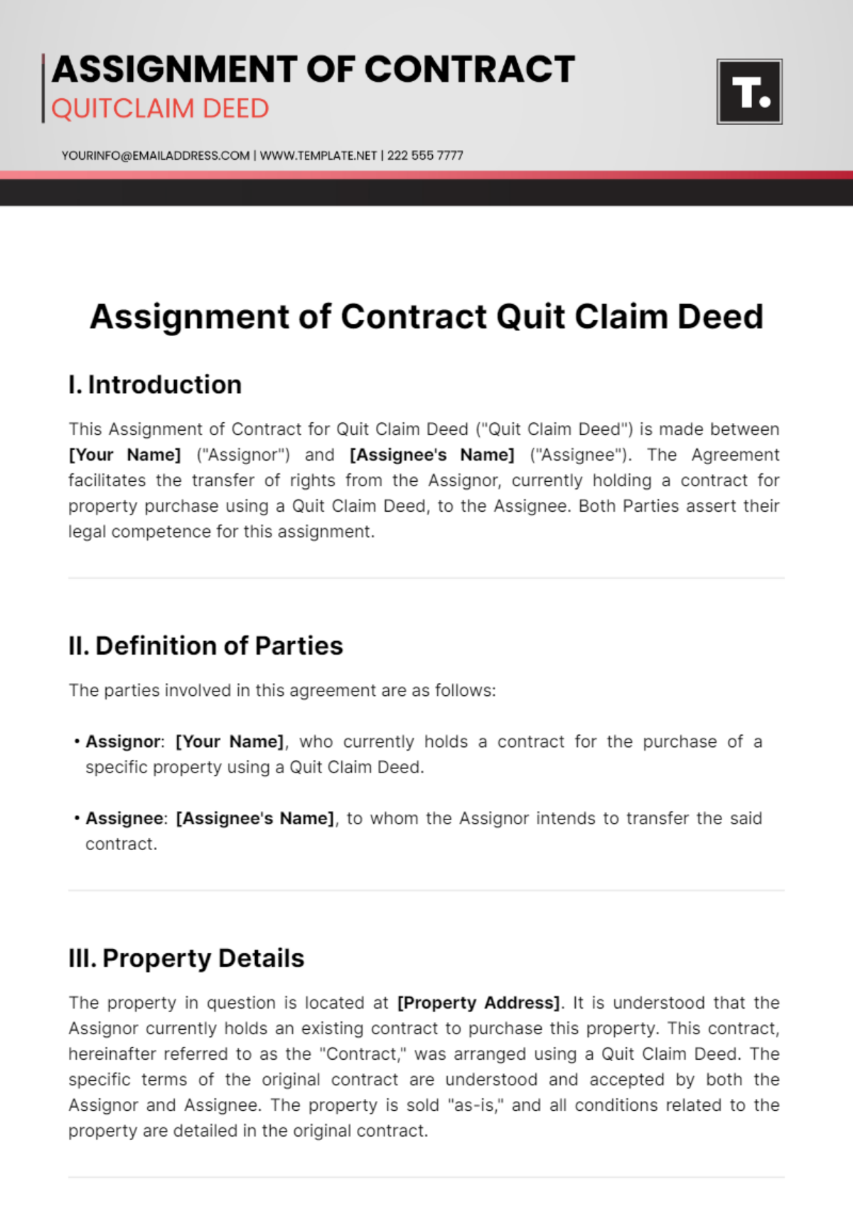 Free Assignment of Contract for Quit Claim Deed Template