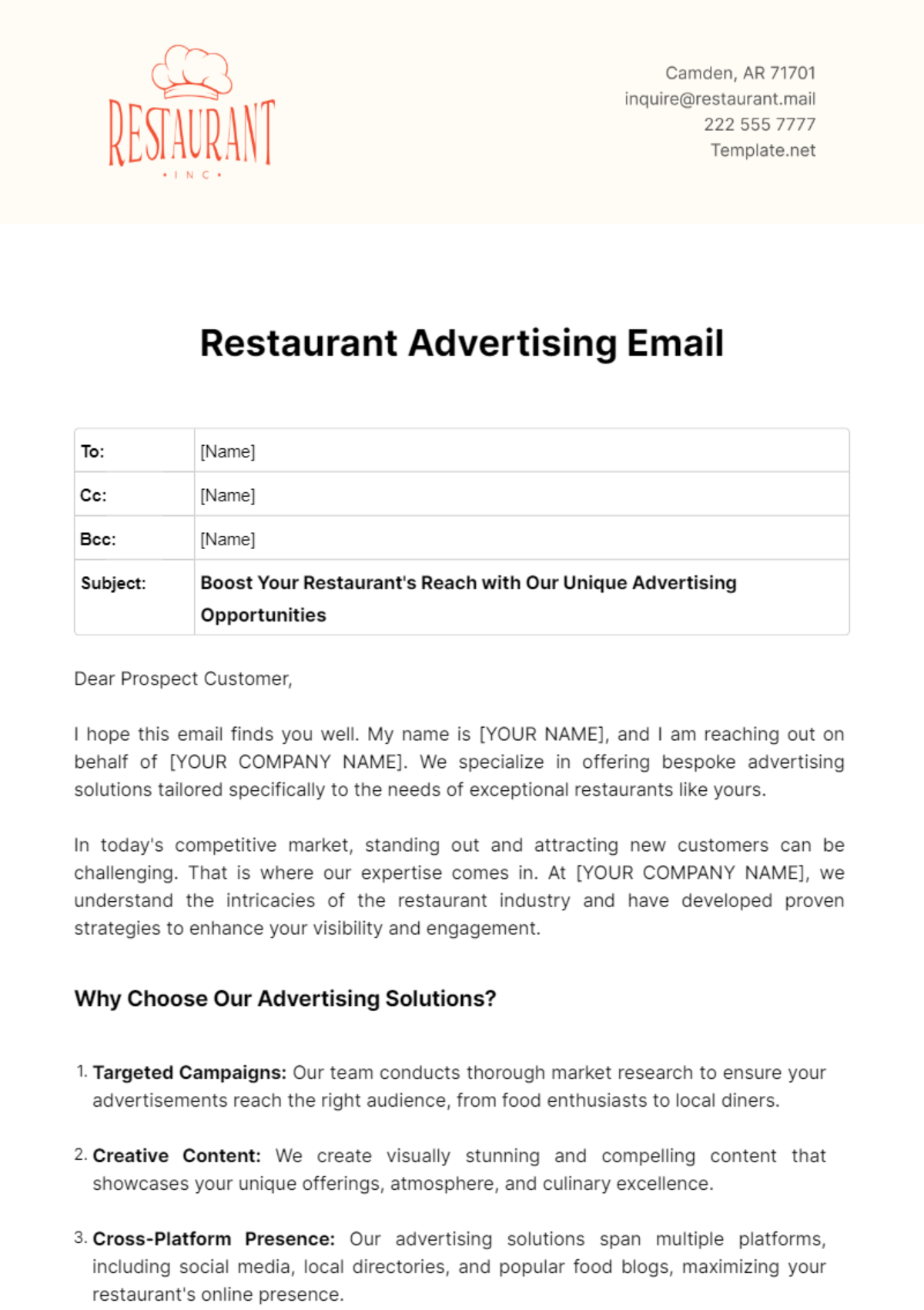 Restaurant Advertising Email Template - Edit Online & Download