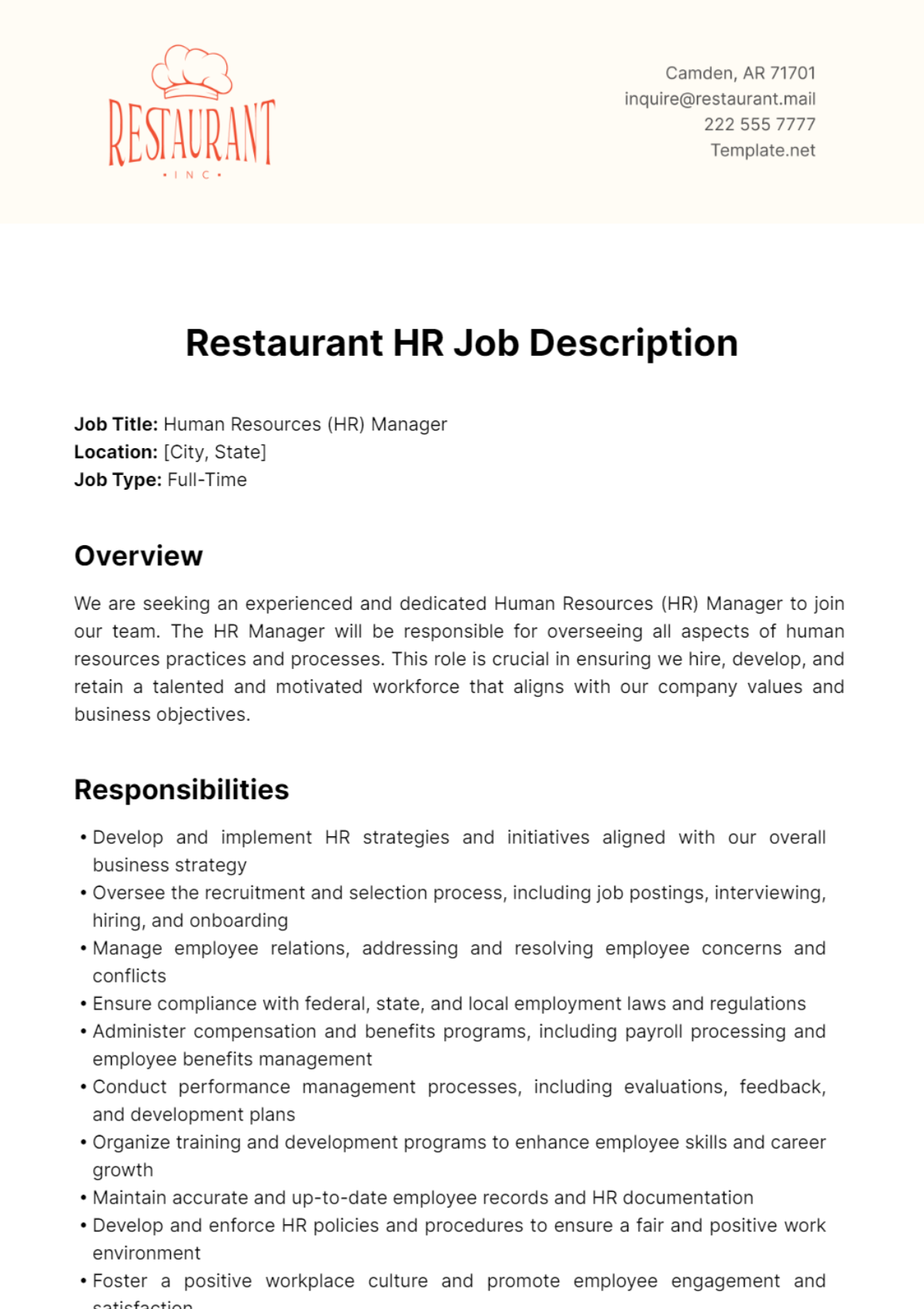 Restaurant HR Job Description Template - Edit Online & Download