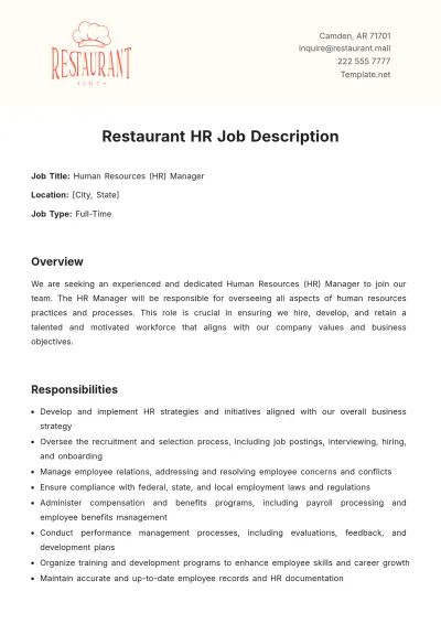 Free Restaurant HR Job Description Template to Edit Online