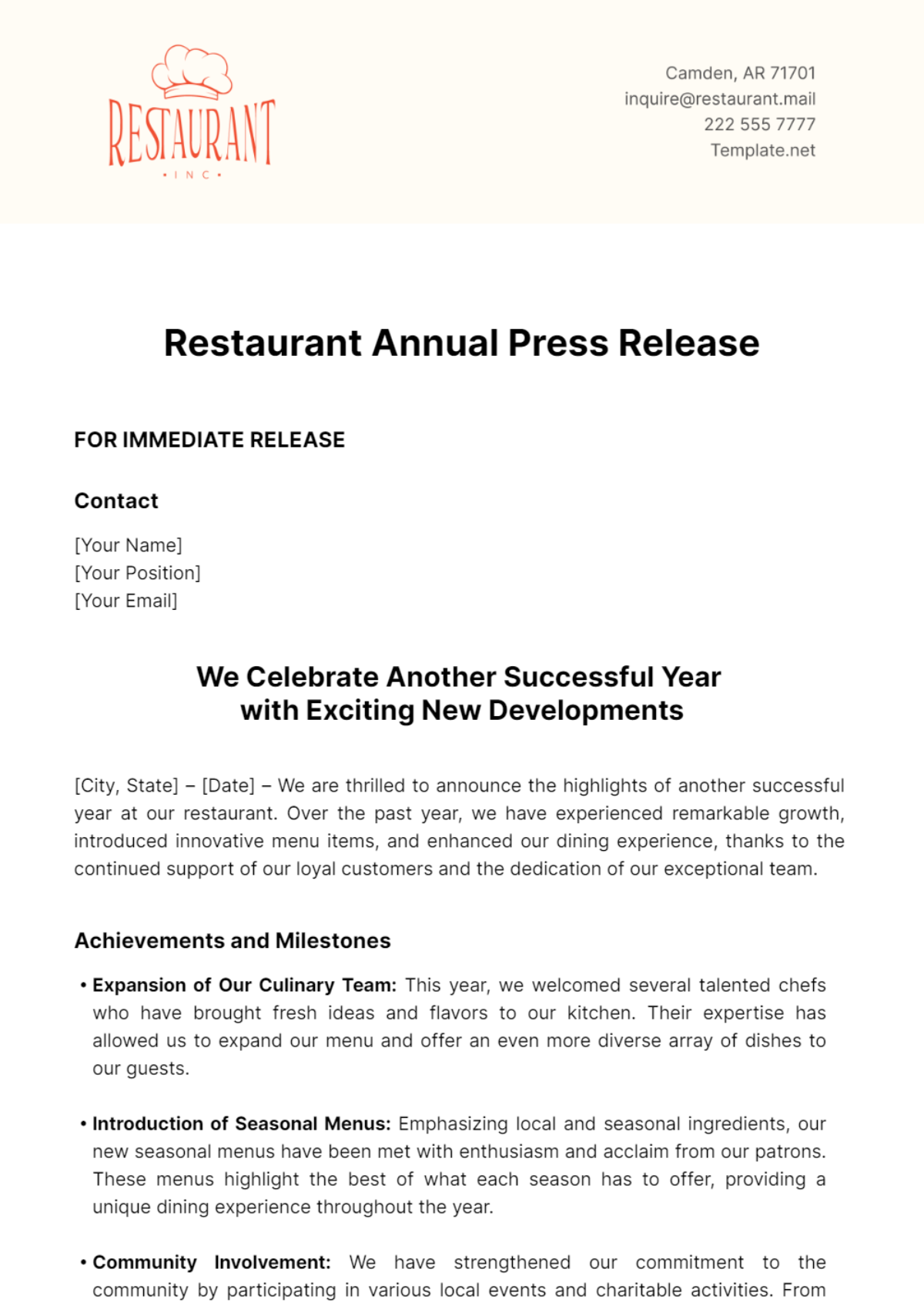 Restaurant Annual Press Release Template - Edit Online & Download