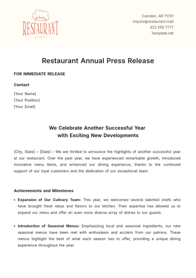 Free Restaurant Annual Press Release Template to Edit Online