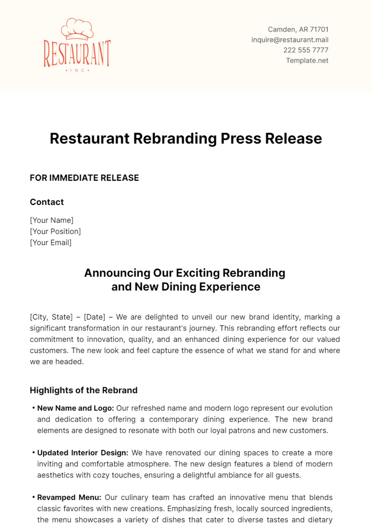 Restaurant Rebranding Press Release Template - Edit Online & Download