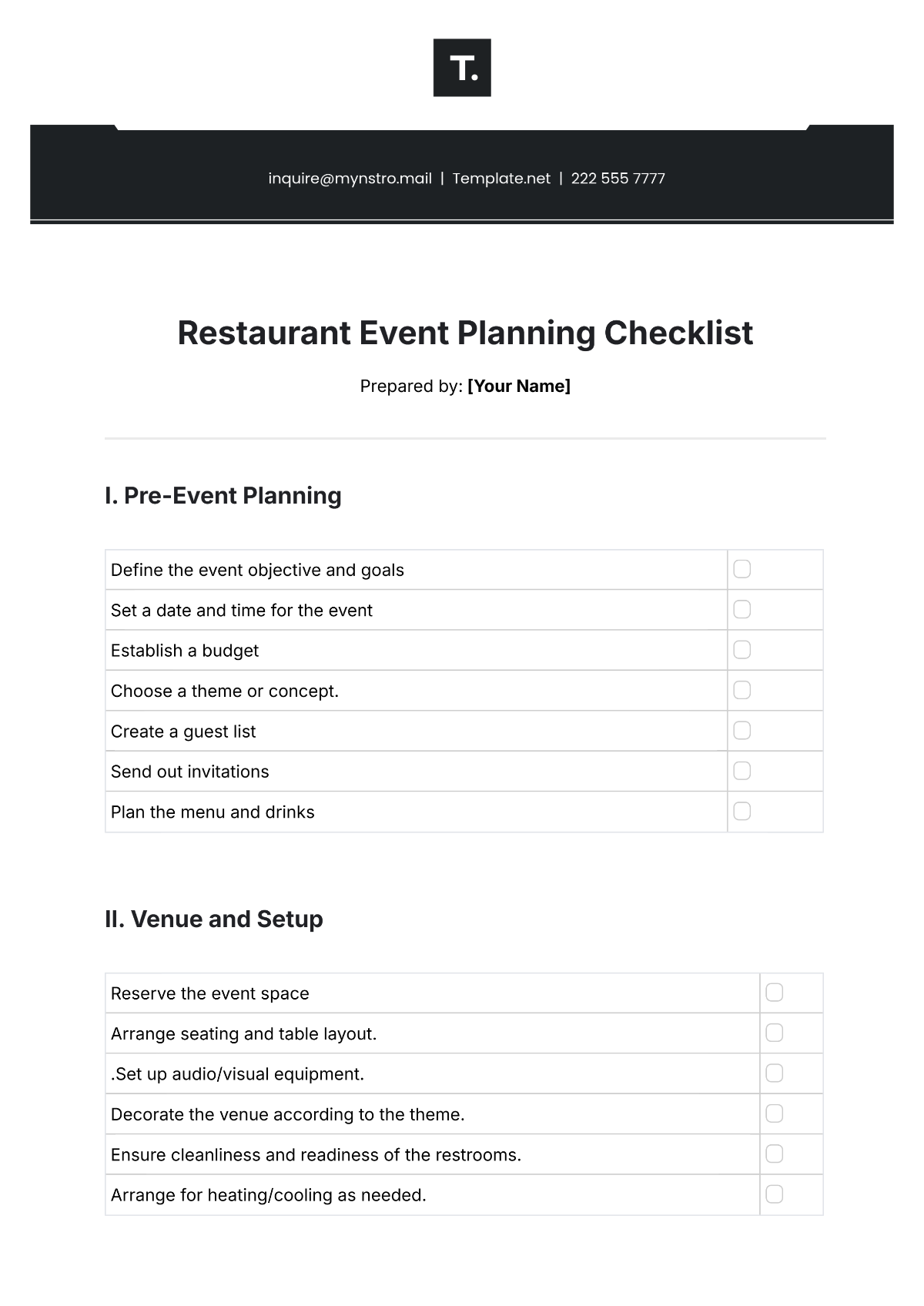 Restaurant Event Planning Checklist Template - Edit Online & Download