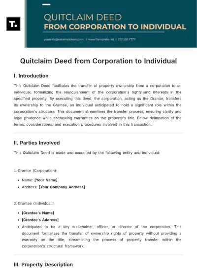 Free Quitclaim Deed From Corporation To Individual Template to Edit Online