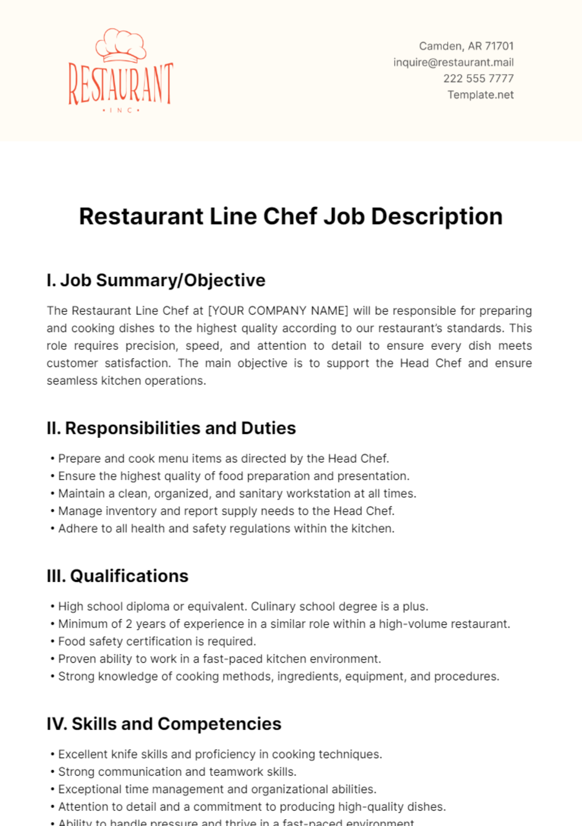 Restaurant Line Chef Job Description Template - Edit Online & Download