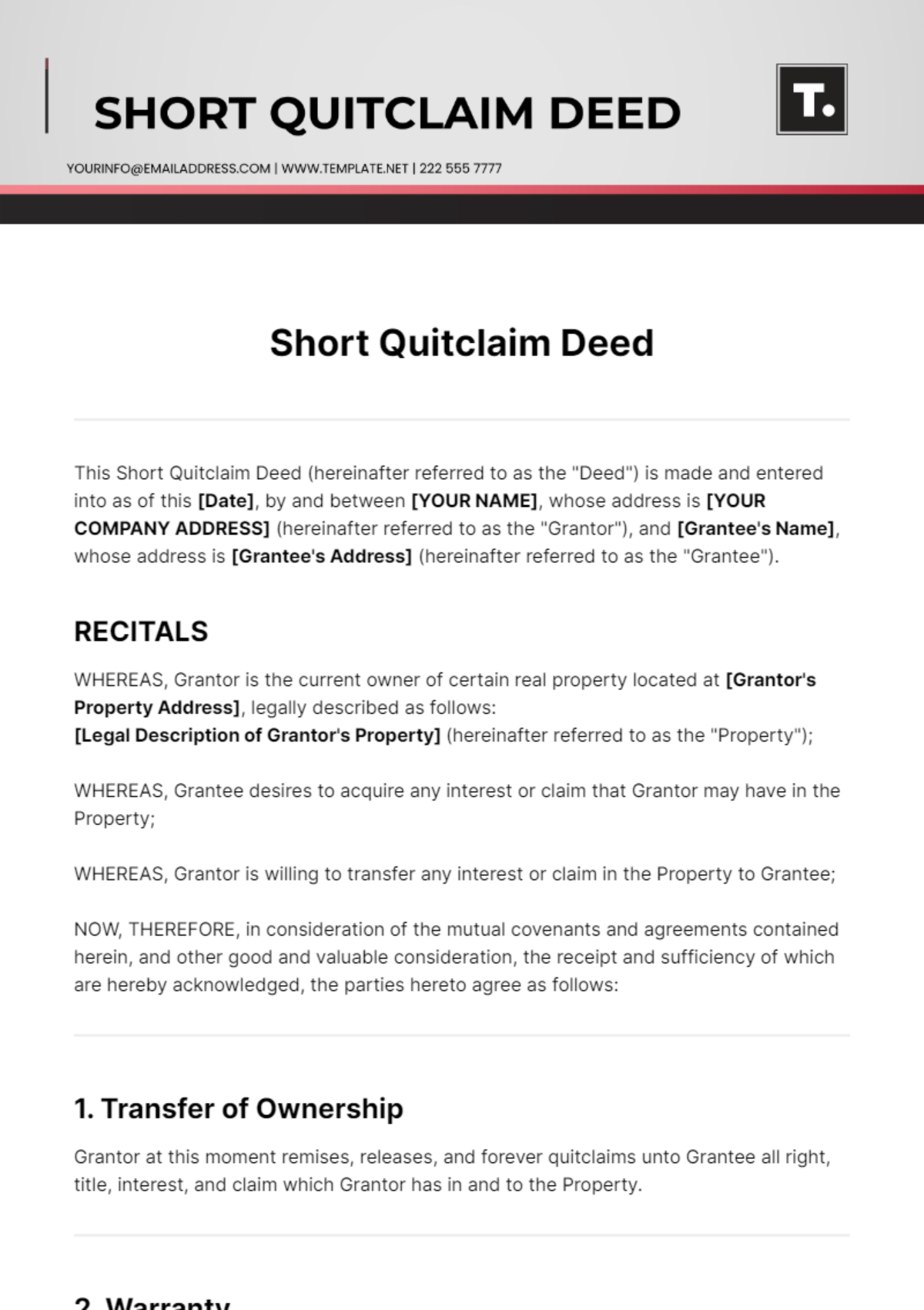 Short Quitclaim Deed Template - Edit Online & Download