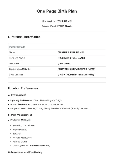 Free One Page Birth Plan Template to Edit Online