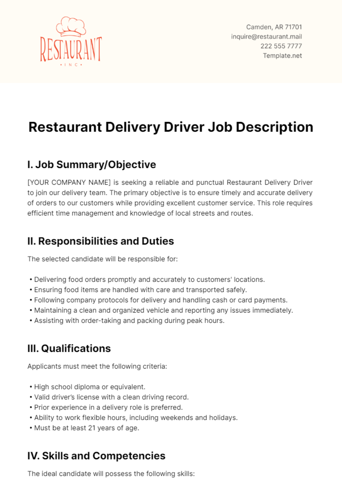 Restaurant Delivery Driver Job Description Template - Edit Online & Download