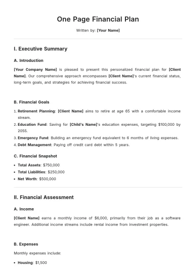 Free One Page Financial Plan Template to Edit Online
