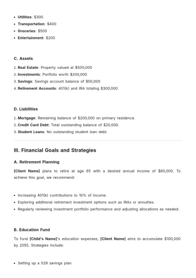 Free One Page Financial Plan Template to Edit Online