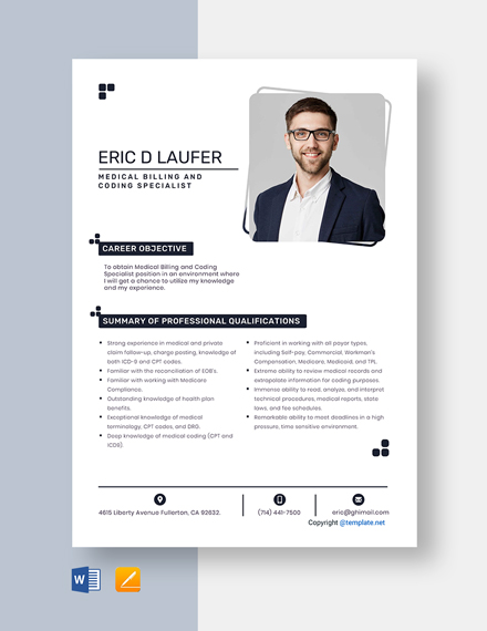 Medical Billing And Coding Specialist Resume Template - Word, Apple Pages