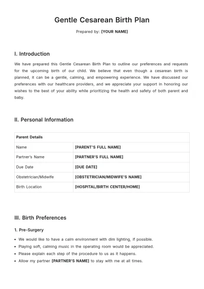 Free Gentle Cesarean Birth Plan Template to Edit Online