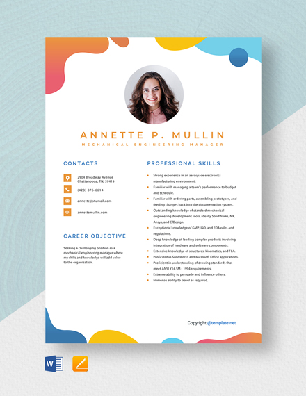 Mechanical Engineering Manager Resume Template - Word, Apple Pages