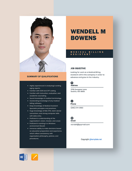 Medical Billing Assistant Resume Template - Word, Apple Pages