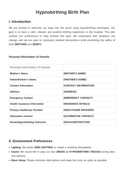 Free Hypnobirthing Birth Plan Template to Edit Online