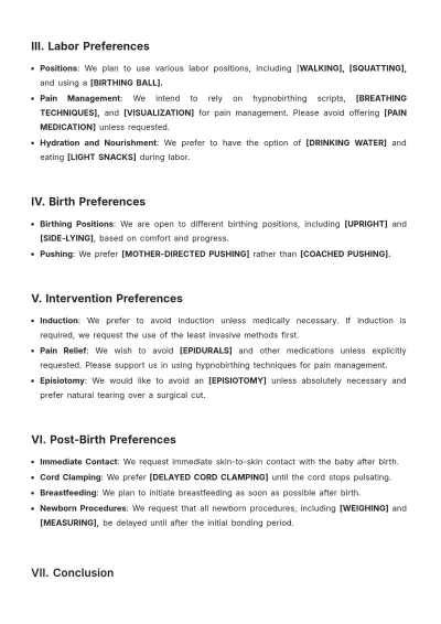 Free Hypnobirthing Birth Plan Template to Edit Online