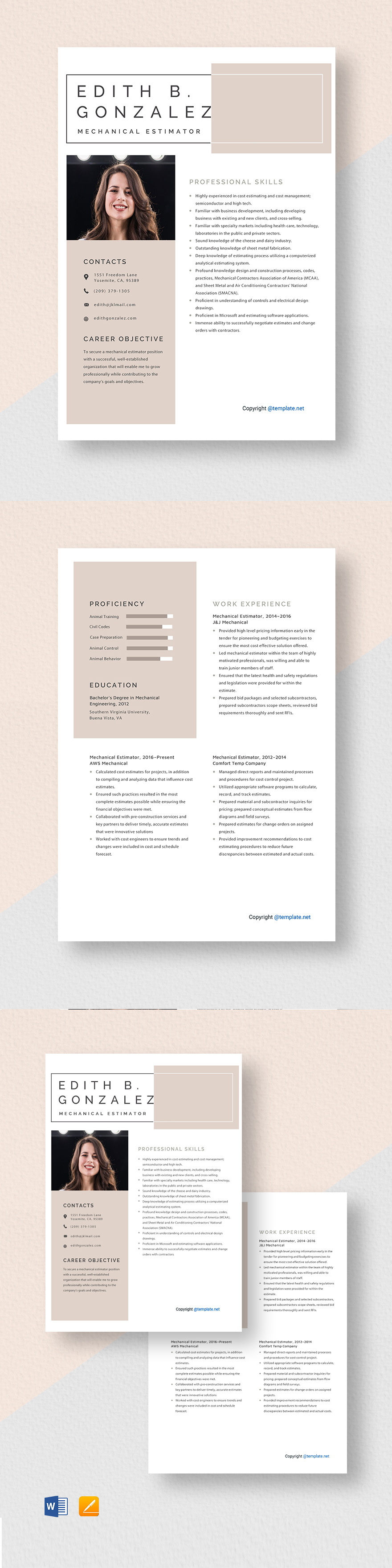 Mechanical Estimator Resume Template Word, Apple Pages