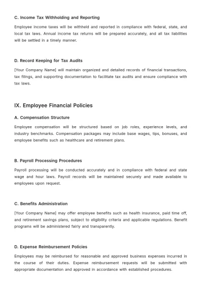 Free Restaurant Financial Policy Template to Edit Online