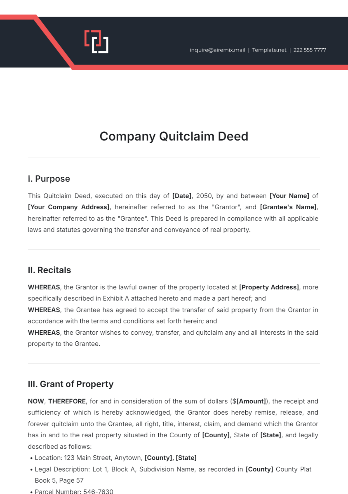 Company Quitclaim Deed Template - Edit Online & Download