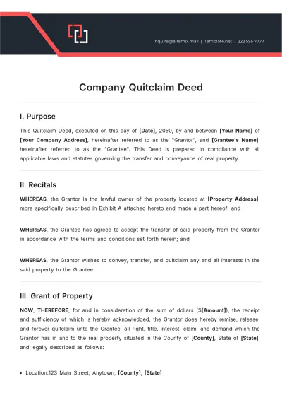Free Company Quitclaim Deed Template to Edit Online
