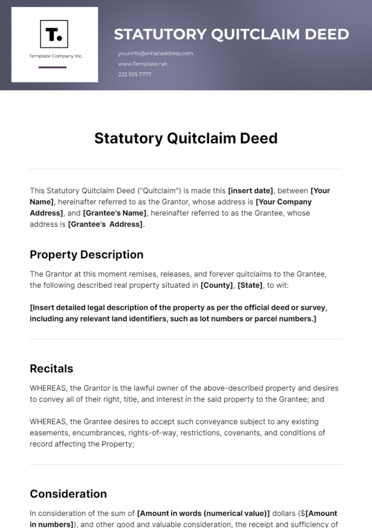 Statutory Quitclaim Deed Template - Edit Online & Download