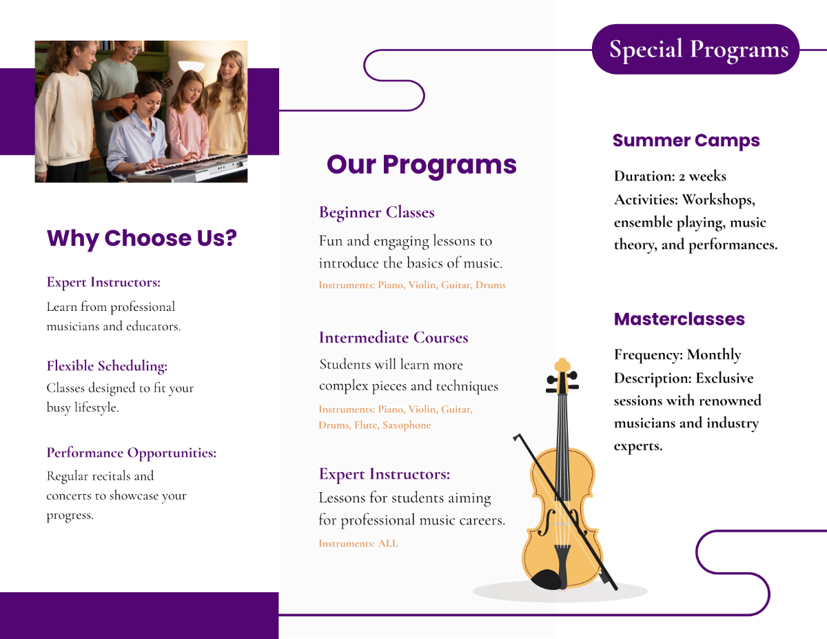 Free Music School Programs Brochure Template to Edit Online