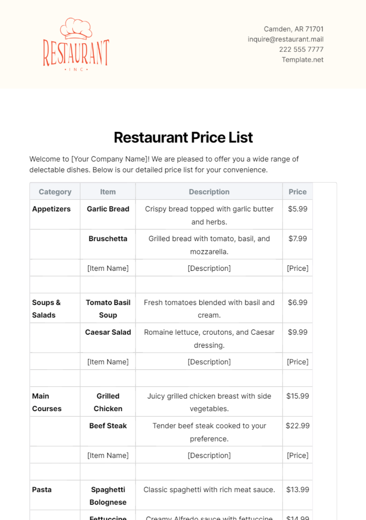 Restaurant Price List Template - Edit Online & Download