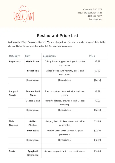 Free Restaurant Price List Template to Edit Online