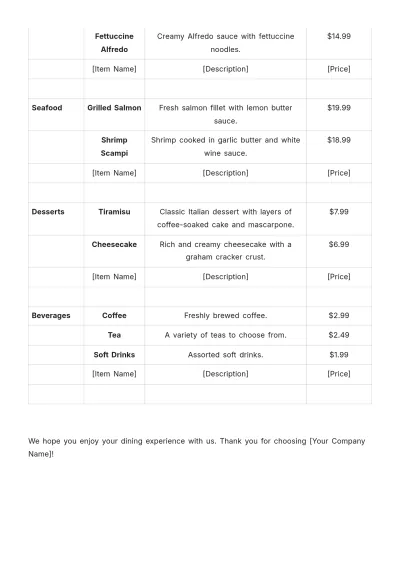 Free Restaurant Price List Template to Edit Online