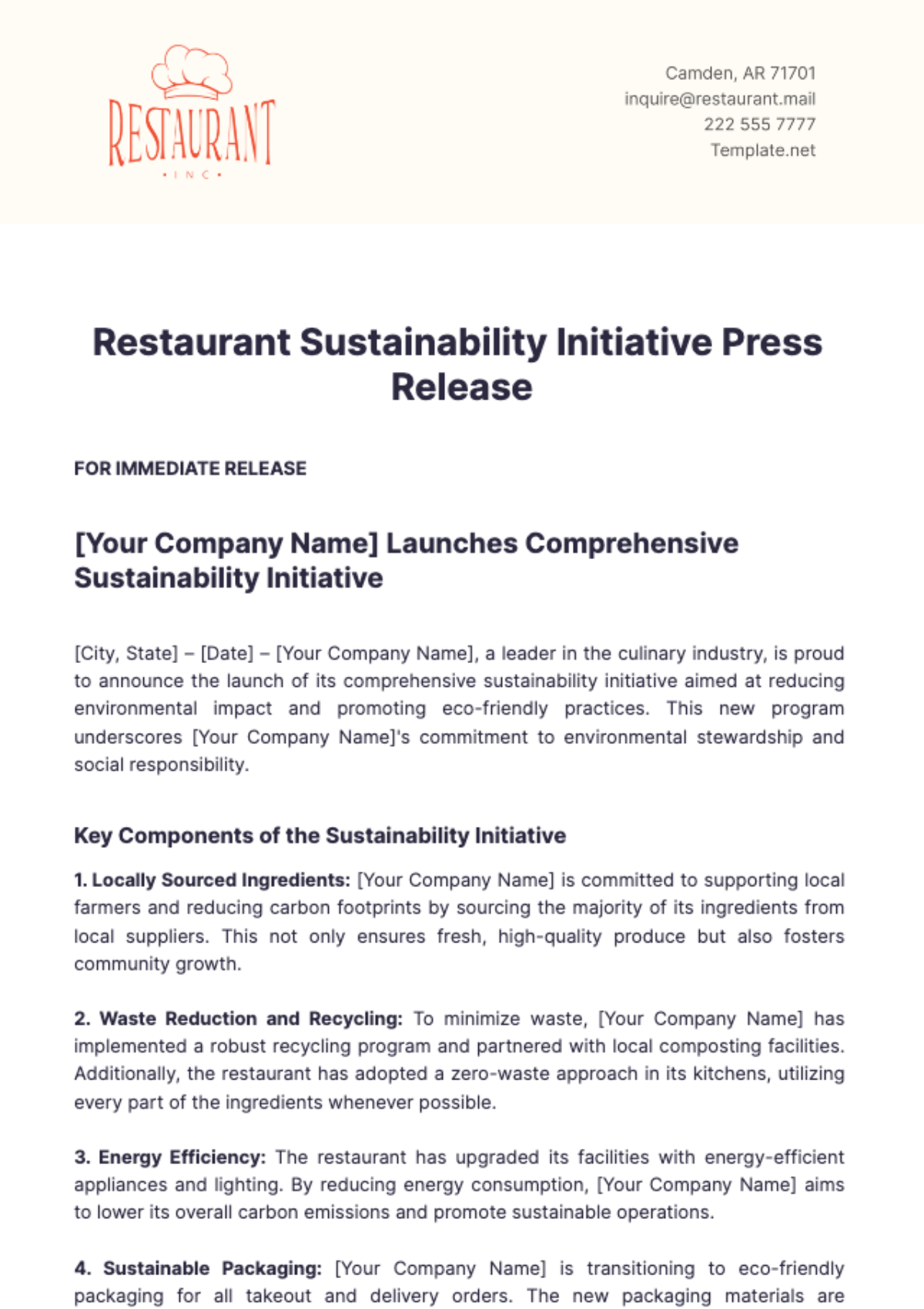 Restaurant Sustainability Initiative Press Release Template - Edit Online & Download