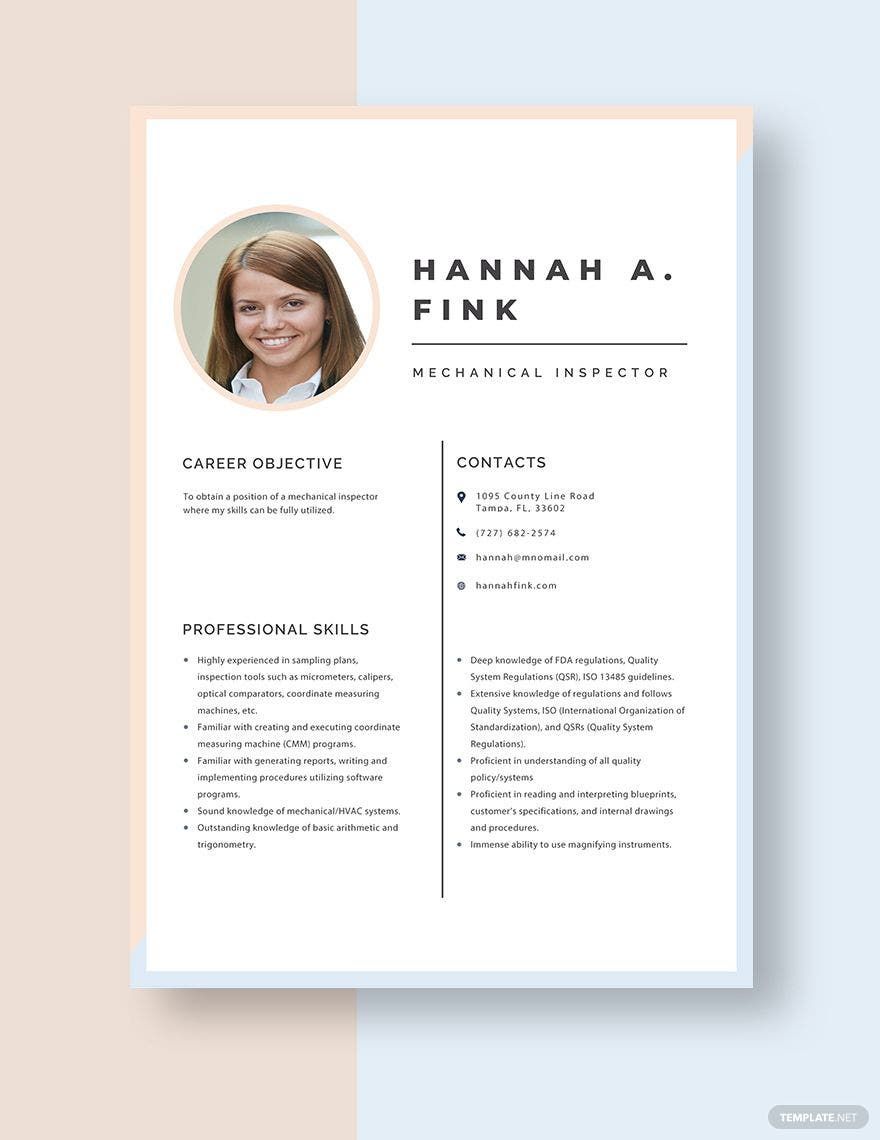 Free Mechanical Inspector Resume in Word, Apple Pages