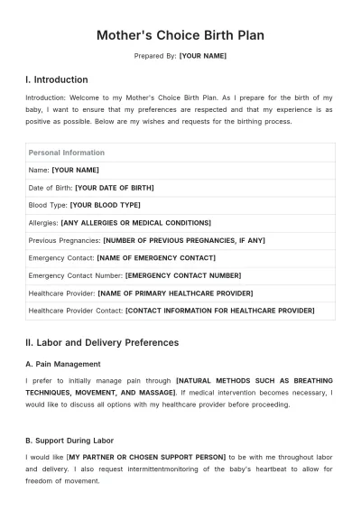 Free Mother's Choice Birth Plan Template to Edit Online