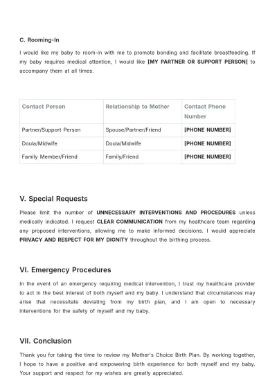 Free Mother's Choice Birth Plan Template to Edit Online