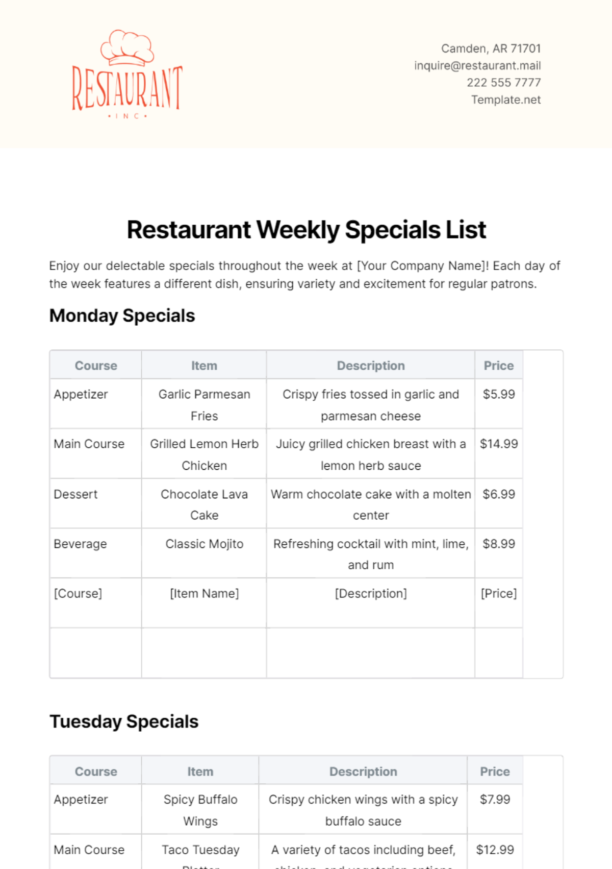 Restaurant Weekly Specials List Template - Edit Online & Download